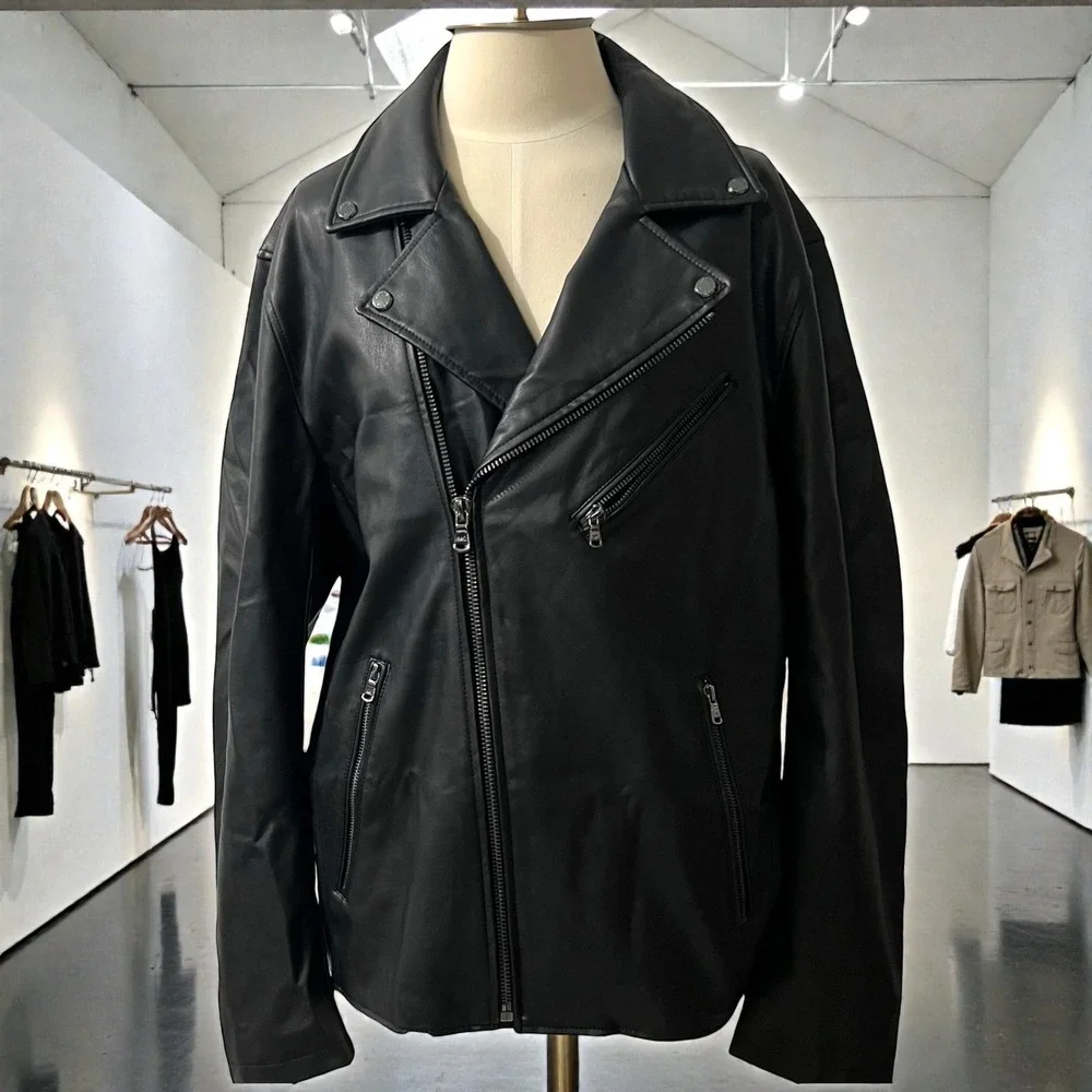 Michael‎ Kors Black Faux Leather Moto Biker Jacket Womens Large Teal Lining